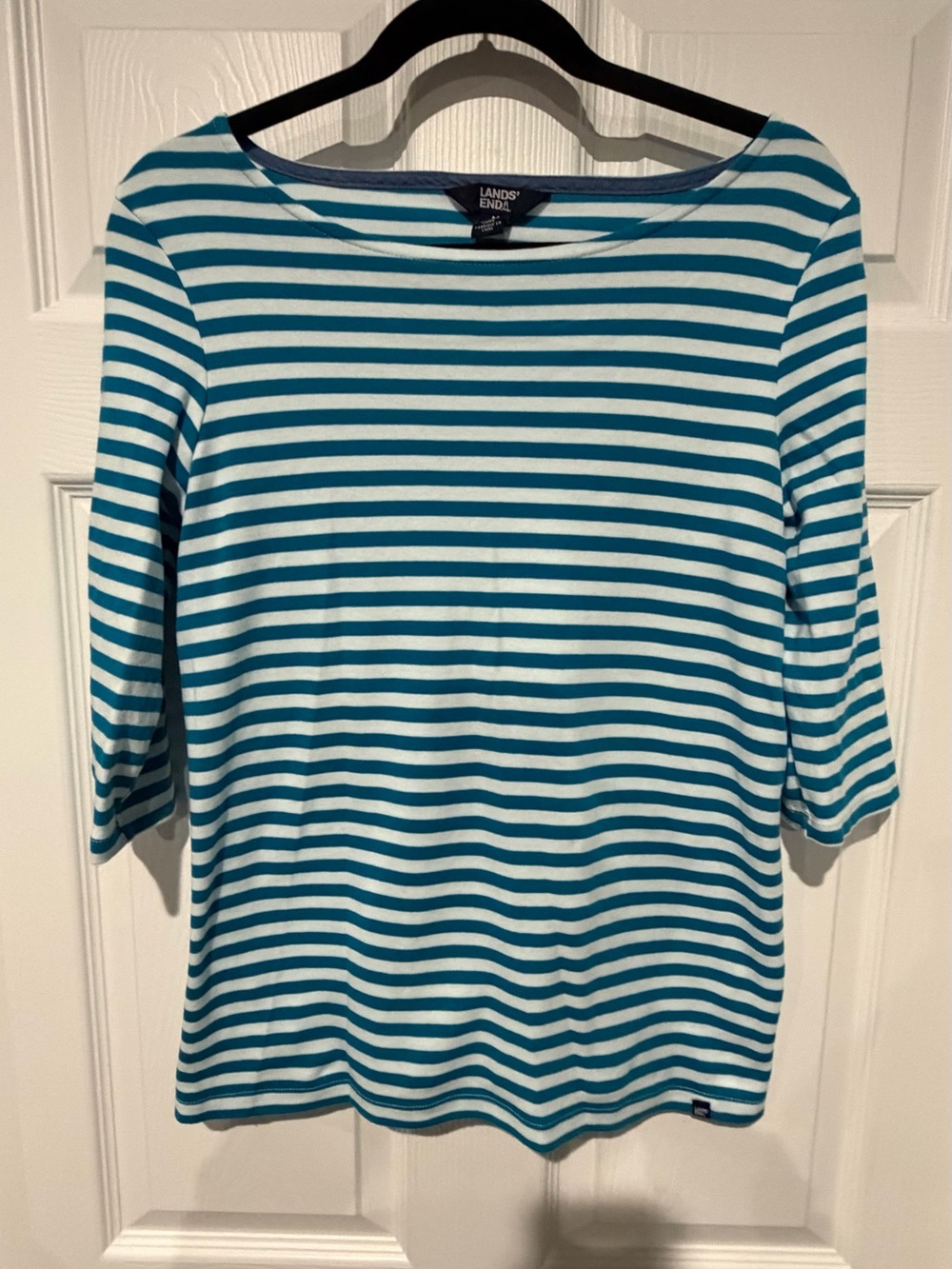 Lands' End Teal and White Striped Boatneck Three-Quarter Sleeve Top